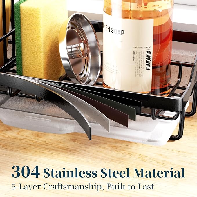 Consumest Sponge Holder for Kitchen Sink - Kitchen Sink Caddy Organizer with Removable Drip Tray for Countertop Dish Soap Dispenser Brush Storage Accessories 304 Stainless Steel - Black - Image 2