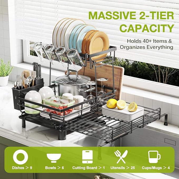 2-Tier Expandable Dish Drying Rack for Kitchen Counter, Black | Large Capacity Dish Rack Organization, Heavy-Duty Carbon Steel, 17 lbs Capacity, Swivel Drain Spout & Cup Hooks - Image 6