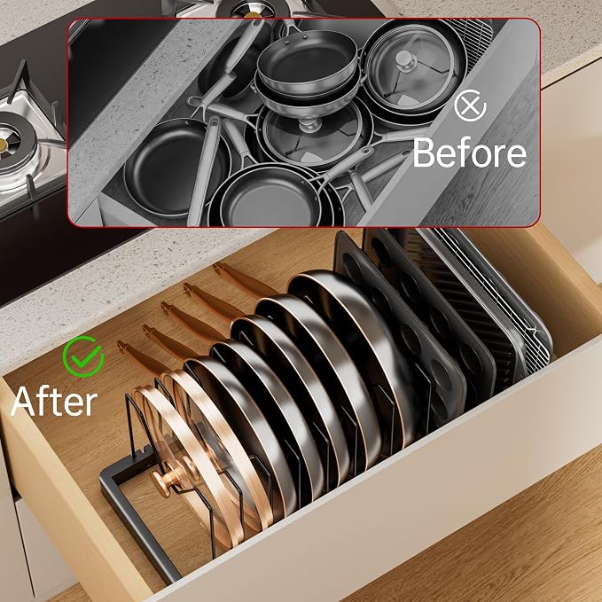 Expandable Pot and Pan Organizer with 14 Adjustable Dividers | Solid Metal Under‑Cabinet Pot Lid Organizer 14.1''‑24.8'', Lid Organizers Inside Cabinet, Fits Bakeware & Cookie Sheets - Image 8