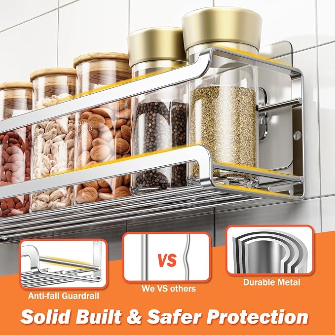 Bunoxea Spice Rack Wall Mounted 4 Pack, Chrome,For Spice Jars & Seasonings | 4 Removalble Hooks,Screw or Adhesive Hanging, Space-Saving,For Kitchen Cabinet, Pantry Door,Stove,RV Use,11.41x2.75x2.75in - Image 4