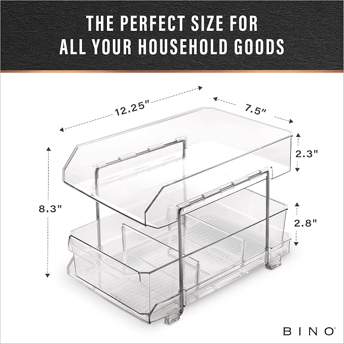 BINO 2 Tier Clear Storage Organizer with Dividers | Bottom Slide Out Drawer for Under Sink, Medicine Cabinet | Bathroom Closet, Vanity, Pantry Organizer | Under Cabinet Storage for Bathroom & Kitchen - Image 2