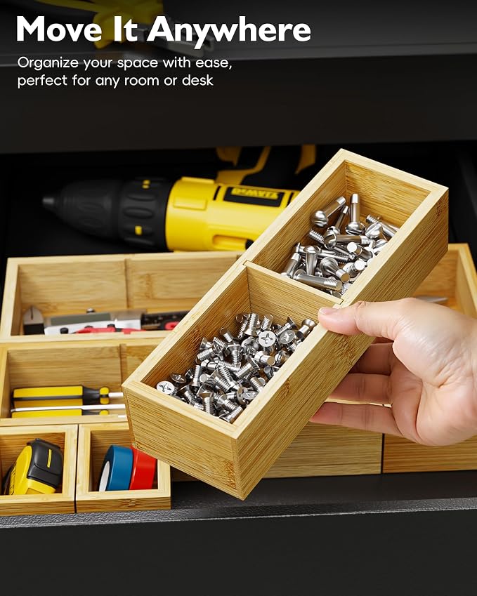 Bamboo Drawer Organizer Set, 6 PCS Trays with 12 Compartments | Natural Bamboo, Flexible Modular Trays, Water-Resistant, Stackable Design, Adjustable, Excellent Organization, Easy to Clean - Image 5