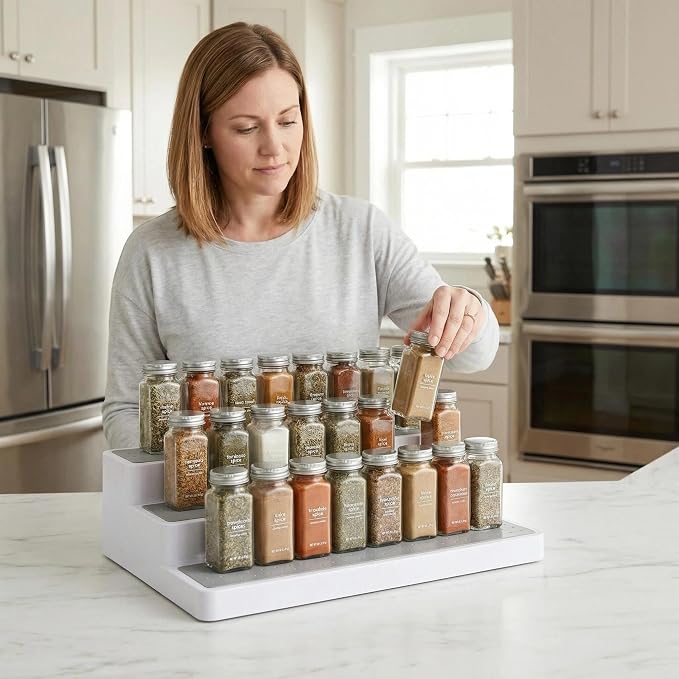 YAN & HIN 3 Tier Spice Rack Organizer for Cabinet, 3 Pack Non-Slip Spice Rack Shelf Organizer, Holds 24+ Jars, Plastic Spice Organizer for Cabinet, Pantry & Kitchen Countertop, White - Image 3
