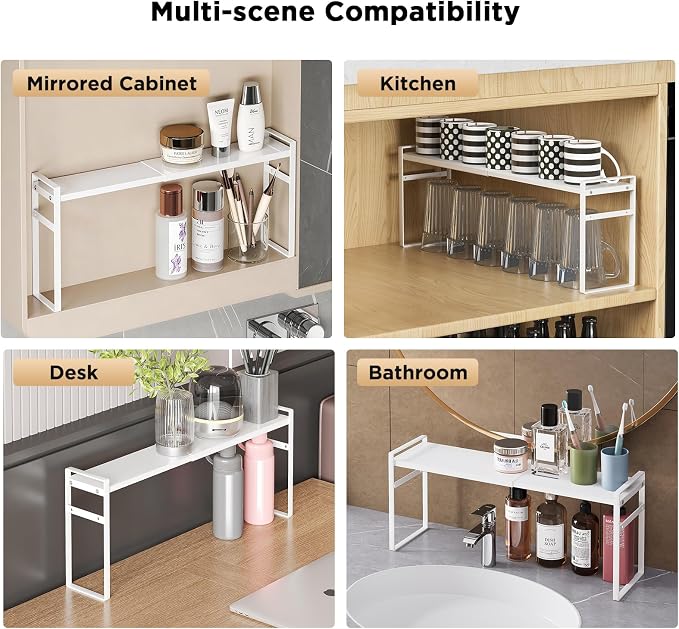 Expandable Narrow Shelf Organizer with 2-Level Adjustable Height | White, Tall Countertop Organizer for Tight Spaces, Windowsill Plant Stand, Over-Sink/Faucet Shelf, Kitchen Counter Storage - Image 9