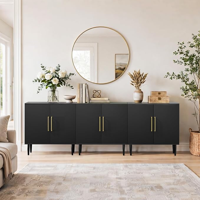 Set of 3 Black Storage Cabinet with Doors, Modern Accent Cabinet, Free Standing Cabinet with Adjustable Shelf, Wooden Buffet Sideboards for Living Room, Kitchen, Dining Room, Entryway - Image 4