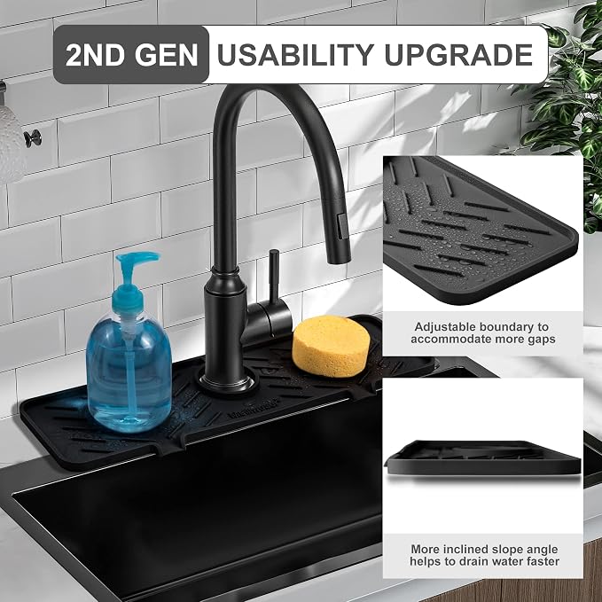 Silicone Faucet Mat for Kitchen Sink – Gen 2 Splash Guard with Upgraded Outlet & Slope – 18” x 5.1” Water Catcher & Sink Sponge Holder for Kitchen and Bathroom (Black) - Image 3