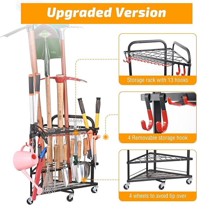 PLKOW Garden Tool Organizer with Wheels and Storage Hooks, Rolling Corner Tool Storage Rack for Garden, Shed, Garage, Powder Coated Steel, Black | 31-slot corner rack with 13 side holders, 4 removable hooks, adjustable feet, and 2 locking wheels - Image 4