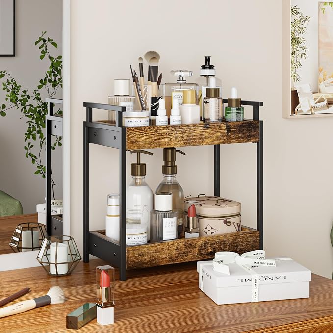 KLM Countertop Coffee Station Organizer, 2 Tier Wooden Shelf for Coffee Bar Accessories, Condiment Storage Caddy for Kitchen, Bathroom Counter Organizer, Home, Office - Brown - Image 7