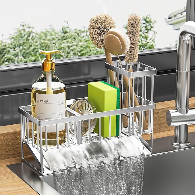 Cisily Sink Caddy Sponge Holder for Kitchen, 304 Stainless Steel Rustproof, Kitchen Sink Caddy with High Brush Holder, Dish Sponge Organizer with Divider(Silver) (Pack of 2) - Image 6