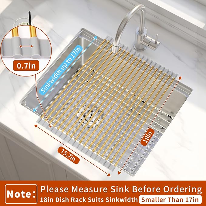 Golden Roll-UP Dish Drying Rack-Large Stainless Steel Dish Drainer Over The Sink for Kitchen Countertop, Applicable for Sink Width Less Than 16.5in (Gold,17.8'x 15.7') - Image 2