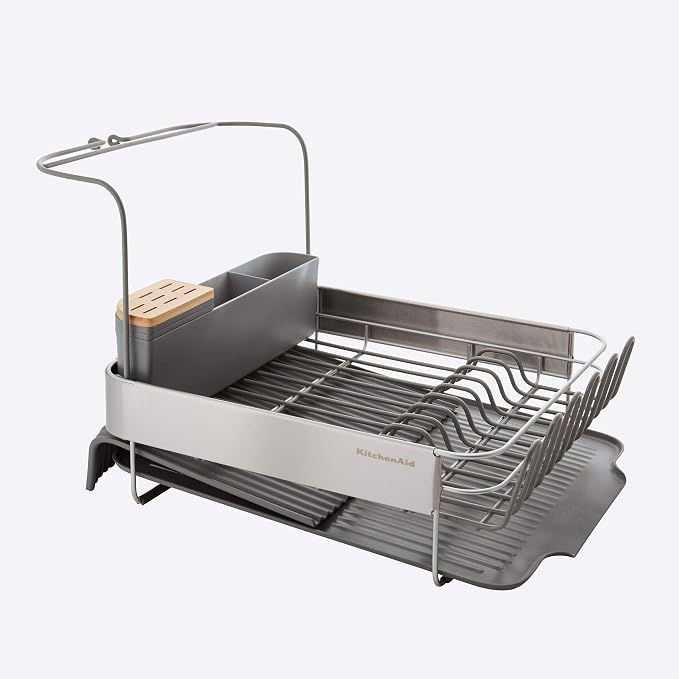 KitchenAid Compact to Full Size Expandable, Rust Resistant Satin Coated Dish Rack with Angled Self Draining Drain Board and Removable Flatware Caddy, 24-Inch, Charcoal - Image 2