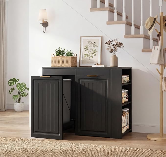 Double Pull Out Trash Can Cabinet 2x13 Gallon, Side Storage Rack, Black | Pet Proof, Freestanding Kitchen Cabinet, Garbage Recycling, Laundry Hamper, Modern Farmhouse Waste Bin Furniture - Image 7
