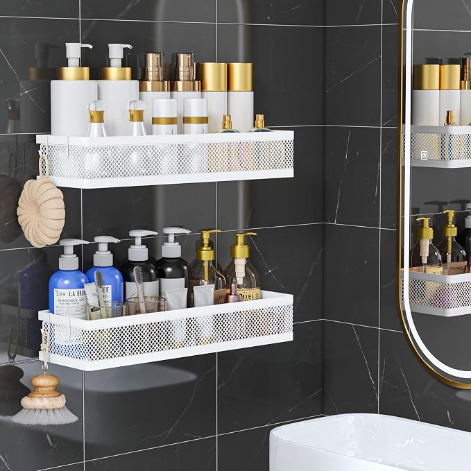 PUSDON 5-in-1 16.5" Extra Long Slim Wall Mount Wrapped Mesh Kitchen Organizer & Shower Caddy Kit, with Paper Towel Holder, Utensil Holder, Soap Dish, Holds 50LBS - White, Netting - Image 2