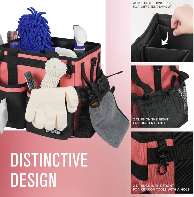 SCAVATA Compact Wearable Cleaning Caddy with Handle & Shoulder Straps | Small Cleaning Supplies Organizer, Under Sink & Car Cleaning Tools Storage Bag for Housekeepers Cleaners, Coral Pink - Image 3