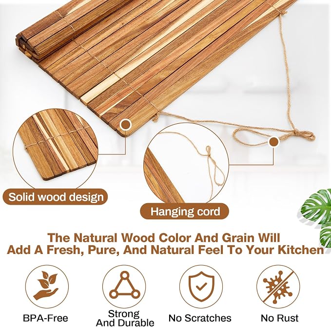 Wooden Dish Drying Rack, 20.5 x 16 Inch Roll up Kitchen Over Sink Dish Drying Rack for Dishes, Plates, Bowls, Wooden Cover Counter Space, Crack Resistant Drainer, Kitchen Supplies - Image 4