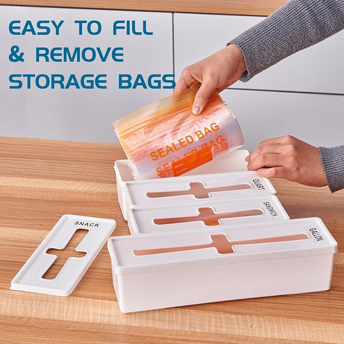 Storage Bag Organizer for Kitchen- Baggie Drawer Organizer & Plastic Food Storage Bags Holder- Compatible with Gallon, Quart, Sandwich, Snack Bags, Freezer, Slider Bags-4 Separate Pieces White - Image 2
