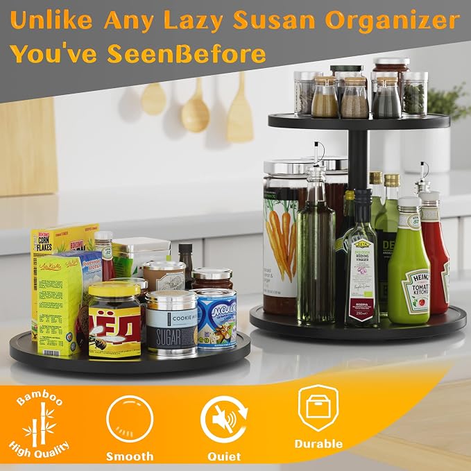 Lazy Susan Organizer Homerays 10 Inch Non-Skid Bamboo Lazy Susan for Kitchen Rotating Spice Rack for Kitchen Cabinet, Wood Turntable for Kitchen Countertop Organizer Black - Image 4