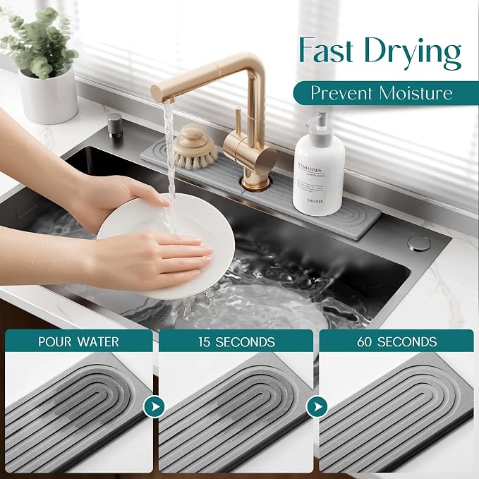 Faucet Mat for Kitchen Sink - Diatomaceous Earth Faucet Splash Guard, Fast Drying Sink Protector - Water Absorbing Stone for Bathroom Sink (Grey, 20'' x 3.9'') - Image 3