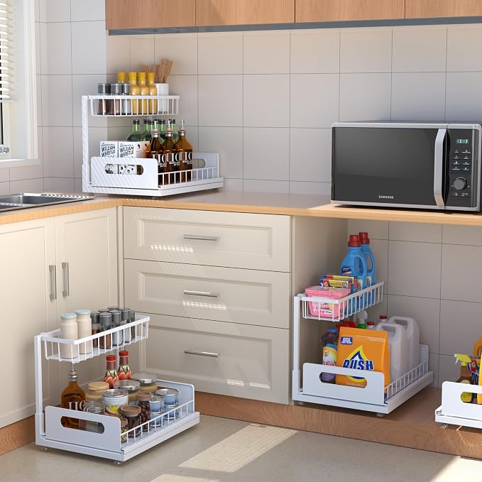 Under Sink Organizer 2 Tier, Pull Out Drawer Slides Under Sink Storage for Bathroom Kitchen,Multi-Purpose Drawer Under Cabinet Organizer for Cleaning Supplies (White, 1 Pack) - Image 7
