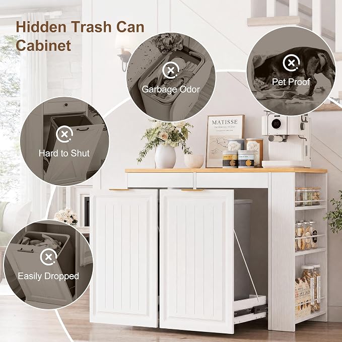 Double Pull Out Trash Can Cabinet 2x13 Gallon, Side Storage Rack, White | Pet Proof, Freestanding Kitchen Cabinet, Garbage Recycling, Laundry Hamper, Modern Farmhouse Waste Bin Furniture - Image 8
