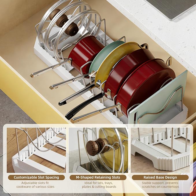 2-Pack Expandable Pot Lid Organizer, 22" Pot and Pan Holder | Adjustable, Under Cabinet, 10 Dividers, Inside Kitchen Cabinet Storage Rack for Baking Sheets, Cutting Boards, Cookware - Image 4