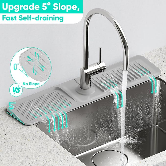 24 Inch Longer Faucet Mat for Kitchen Sink [5°Slope Fast Self-draining]Bathroom Kitchen Sink Splash Guard Silicone Sink Faucet Mat Splash Guard Kitchen Sink Area Tidy Splash Faucet Guard Draining Mat - Image 2