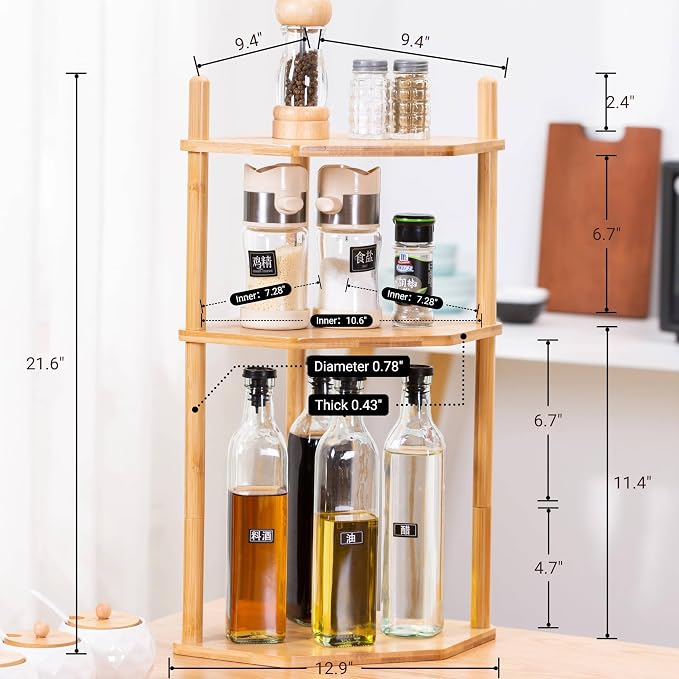 3-Tier Extra Tall Bamboo Corner Shelf, Kitchen Countertop Wine Bottle Organizer, Corner Counter Storage Rack for Pantry, Spice & Wine Organizers and Storage - Image 6