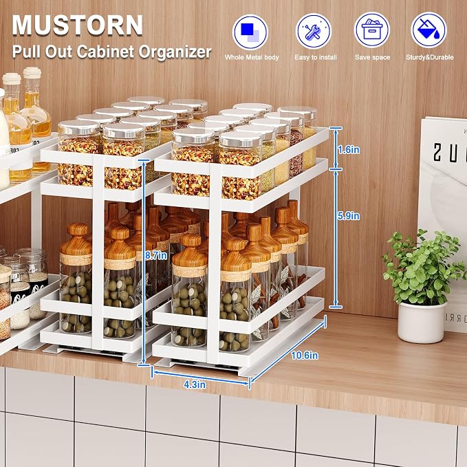 Mustorn 2 Pack Pull Out Spice Rack Organizer for Cabinet, 2 Tier Metal Slide Out Seasoning Organizer and Storage Heavy Duty Vertical Spice Rack Shelf Pullout for Kitchen Cabinets No Drilling (White) - Image 2