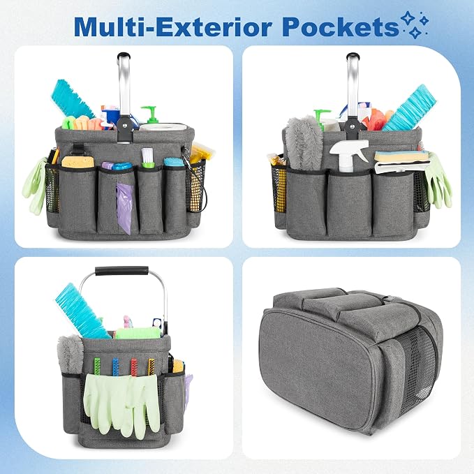 PGmoon Cleaning Caddy Organizer with Handle,Grey | Cleaning Tote Bag with Multiple Pockets for Cleaning Supplies, Products Storage, Housekeepers, Kitchen Cleaning Supplies - Image 3
