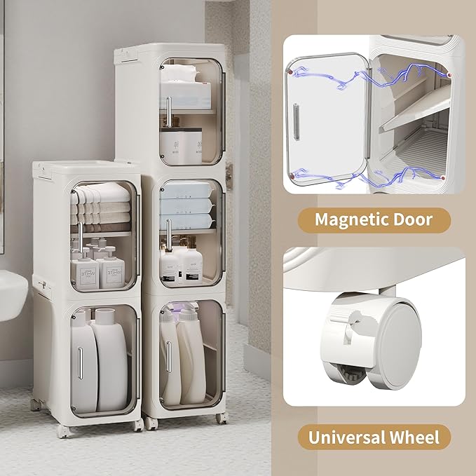 Narrow Slim Bathroom Storage Cabinet with Wheels, 4-Tier White | Tool Free Assembly, Adjustable Shelves, Fits for Narrow Spaces, Reinforced Stability, Magnetic Clear Door - Image 5