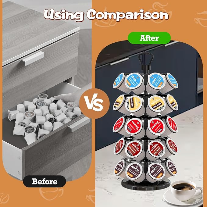 K Cup Holder 40 Pods Capacity, Coffee Pods Holder Storage Organizer Stand | K Cup Carousel, 360°Rotating K Cup Organizer, Easy-Grip Top Handle,Space-Saving for Countertop, K Cups Holder Easy Assembly - Image 6