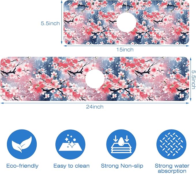 Japanese Pink Cherry Blossoms Dish Drying Mat for Kitchen Sink Splash Guard Behind Faucet Sink Mat Absorbent Fast Drying Faucet Draining Mat for Bathroom Kitchen 5.5"×24" - Image 3