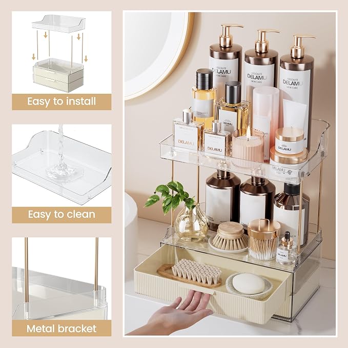 Delamu 4-Tier Makeup Organizer, Bathroom Counter, 2 Drawers,Cream White | Elegant Vanity Organizer Gift for Women, Holds Perfume, Skincare, Nail Polish & Hair Accessories for Bathroom Countertop - Image 6