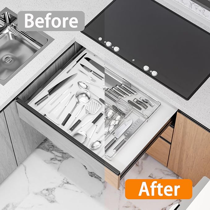 BPA-Free Expandable Utensil Drawer Organizer - Clear Plastic Adjustable Storage Tray for Kitchen Flatware, Knives, Forks and Spoons - Image 4