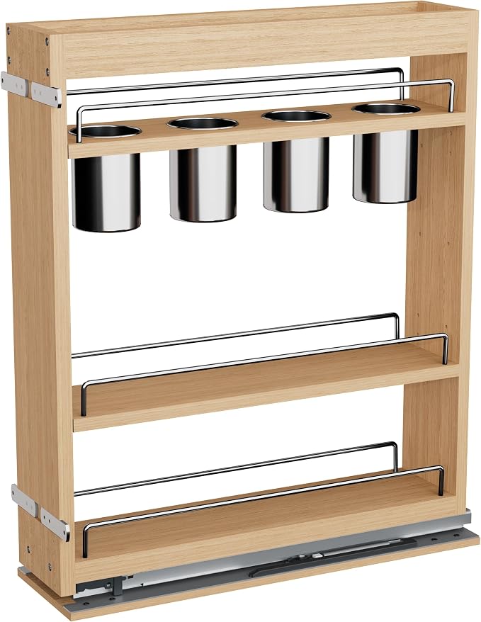 DINDON Pull Out Spice Rack Cabinet Organizer, (5" W x 21.9" D x 25.2" H) Multi-Use Soild Wood Pull Out Cabinet Organizer With 4 Movable Stainless Steel Cutlery Storage Buckets for Kitchen Organization - Image 7