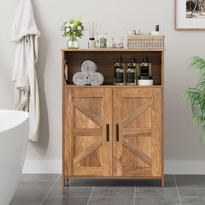Homhedy Farmhouse Bathroom Storage Cabinet with Doors, Small Floor Cabinet | Toilet Paper Cabinet with Adjustable Shelf, Freestanding Storage Cabinet for Kitchen/Laundry/Living Room, 24"W, Rustic Walnut - Image 9