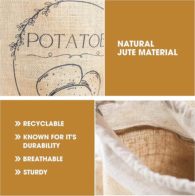 Potato Storage Bag | Natural Jute Potato Onion Garlic Storage Set for Pantry | Breathable & Fresh Onion Potato Storage | Easy to Clean Potato and Onion Storage Bag | Air Flow, Light Blocking - Image 2