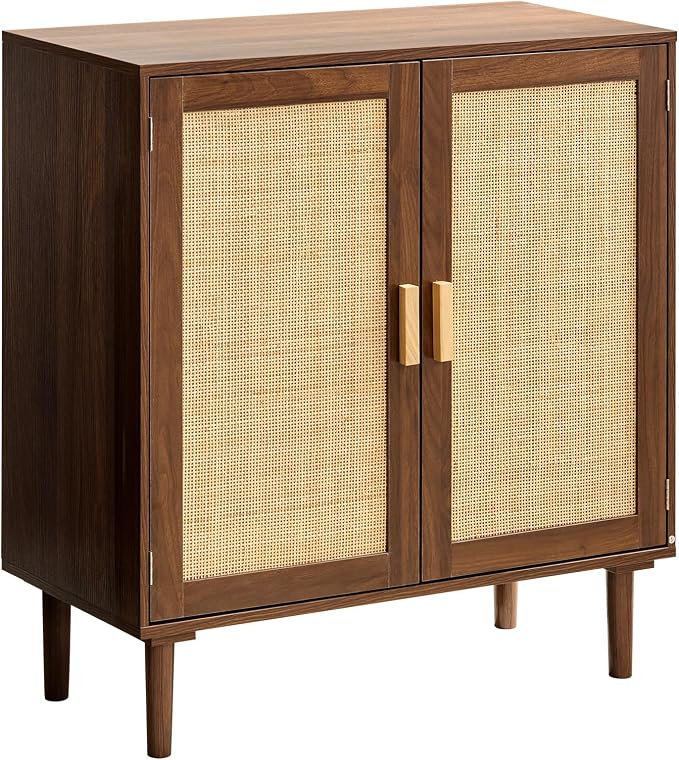 VEVOR Rattan Cabinet, Rattan Storage Cabinet with 2 Magnetic Doors and Adjustable Shelves, Accent Sideboard Buffet with Wooden Legs & Power Cord Hole for Hallway, Entryway, Living Room, Kitchen, Brown - Image 9