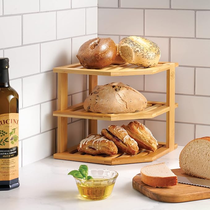 Bamboo Plate Organizer for Cabinet, 3 Tier Corner Shelf Riser, 2 Pack | Holds heavy stacked dishes mugs bowls, non slip feet, tool included easy assembly, kitchen pantry bathroom counter storage - Image 2
