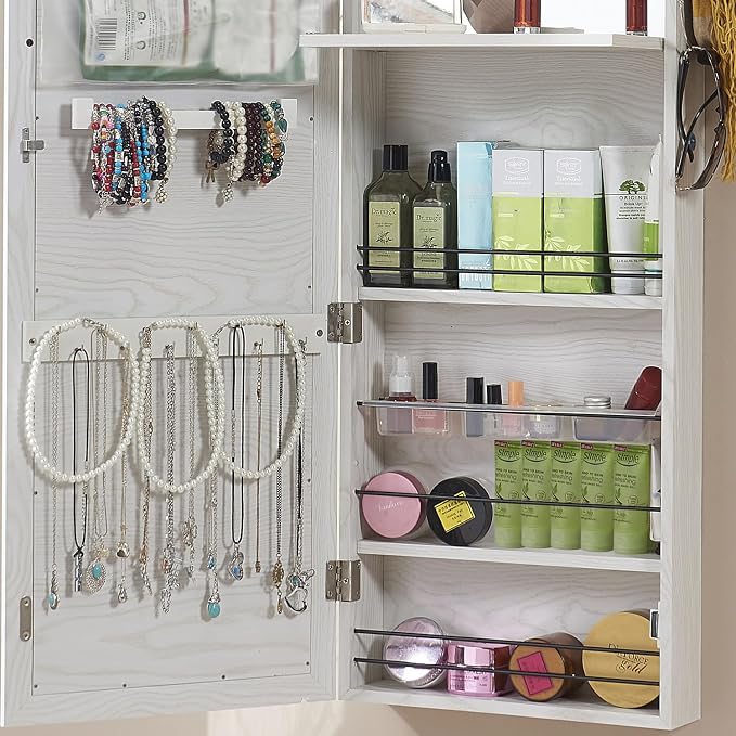 GISSAR Jewelry Mirror Armoire Wall Mount Over The Door Mirror Jewelry Cabinet Storage Mirror Organizer Lockable Full Length Door Mirror(White Oak) - Image 9