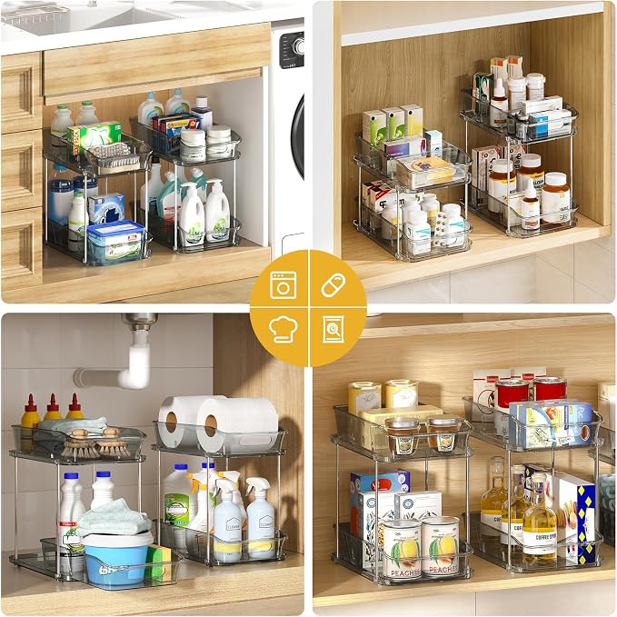 Delamu 2-Tier Under Sink Organizers and Storage, Multi-Purpose Stackable Bathroom Cabinet organizers, Pull Out Kitchen Pantry Organization and Storage with Dividers(2 Pack, Grey) - Image 4