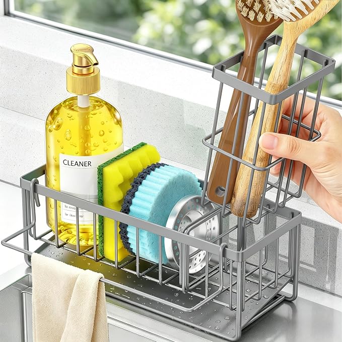 Sponge Holder for Kitchen Sink, Kitchen Sink Caddy, Kitchen Sink Sponge Holder, Dish Sponge Holder, Kitchen Sink Organizer for Sponge, Dish Brush, Scrubber(9.65" x 3.74" x 6.3", Gray) - Image 7