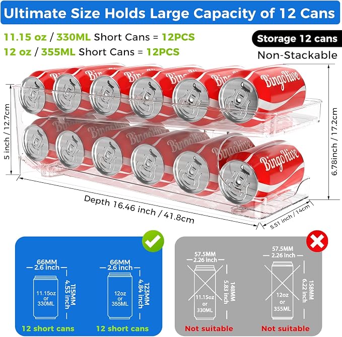 2 Packs FIFO Rolling Soda Can Organizer for Fridge, Holds 12 Cans | Pop Can Organizer for Drink Beer Seltzer Soda Can Dispenser for Refrigerator 11.15oz 12oz Can Holder Storage Pantry Container - Image 2
