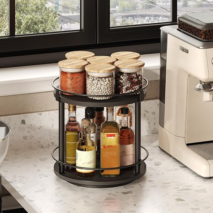 Lazy Susan Organizer, Rotating Spice Rack, 2 Tier Spice Turntable Organizer, Industrial Turntable Spice Holder, for Kitchen Countertop and Cabinet, Compact and Versatile, Black SR22BK - Image 4