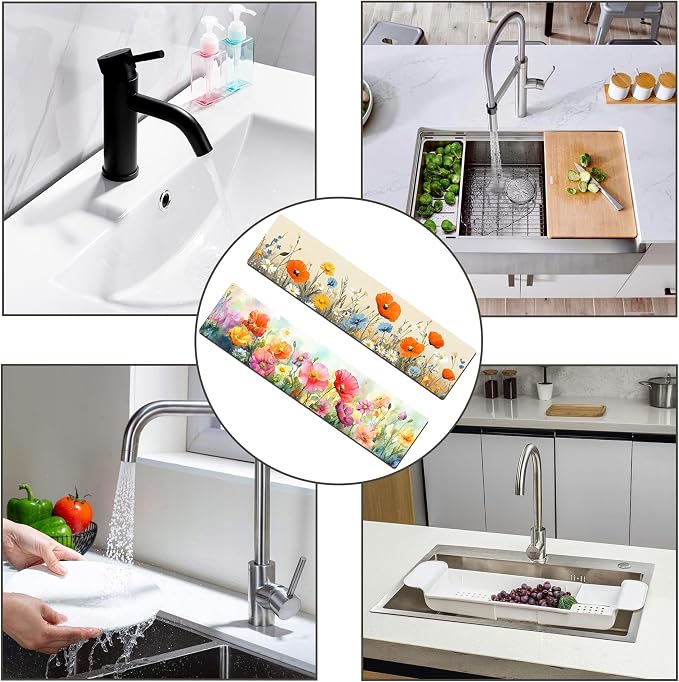 Bimkole 2 PCS Faucet Absorbent Mat, Kitchen Faucet Sink Splash Guard Wraparound Cloth Pads Drip Catcher for Sink Faucet for Kitchen Bathroom Faucet, Colorful Faucet Mat, 15 x 4 Inch Flower A5 - Image 7