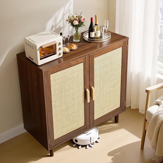 VEVOR Rattan Cabinet, Rattan Storage Cabinet with 2 Magnetic Doors and Adjustable Shelves, Accent Sideboard Buffet with Wooden Legs & Power Cord Hole for Hallway, Entryway, Living Room, Kitchen, Brown - Image 2