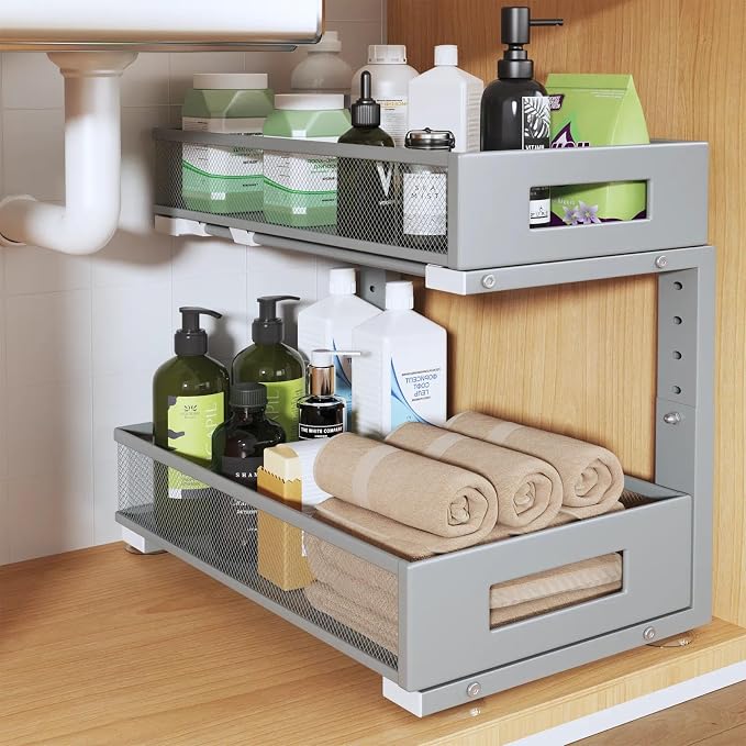 1 Pack 17IN Depth Under Sink Organizer, 2-Tier Pull Out Cabinet Organizer With Smooth Circular Rail, Large Capacity Metal Mesh Sliding Drawers For Bathroom& Kitchen Storage,Height Adjustable-Gun Gray by UnderSinkOrganizer