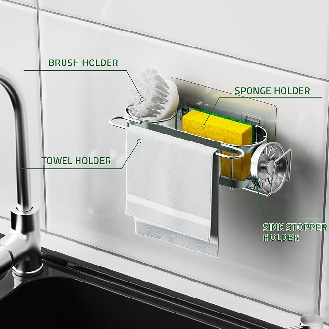 Cisily Kitchen Sink Caddy Sponge Holder in The Sink, Stainless Steel Kitchen Sink Organizer, Brush Holder, Dish Cloth Hanger, Sink Stopper Holder (Suction cup-Sage Green) - Image 5