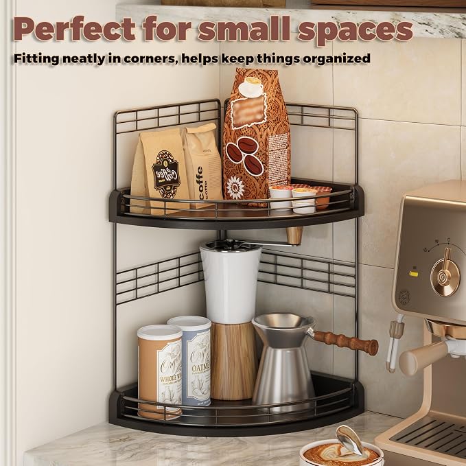 Bathroom Countertop Corner Organizer for Small Spaces, 2-Tier Counter Shelf | Oak Wood & Iron, Fan-Shaped Counter Shelf for Sink & Vanity Corners, Skincare, Toiletries, Compact Vertical Storage, Black - Image 7