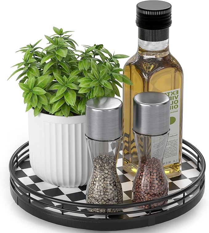 AMH 9-Inch Black and White Checkerboard Lazy Susan with Oak Base | Smooth rotating oak tray with walnut finish for dining tables, kitchen counters, pantries and cabinet storage. by AMH